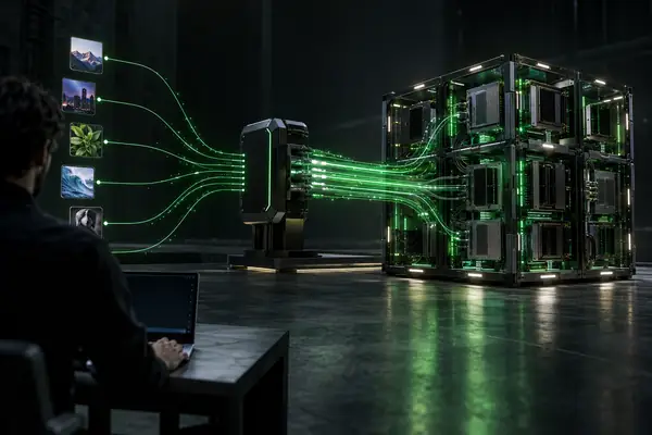 Ein zurückhaltendes dunkles technisches Diagramm, das zeigt, wie Anfragen durch eine API in einen modularen Würfel aus Computerhardware fließen, mit feinen grünen Verbindungslinien