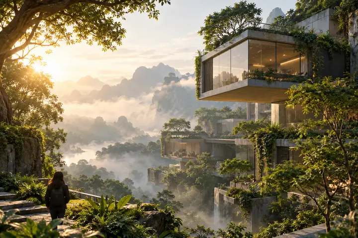 Moderne grüne modulare Architektur zwischen nebligen Bäumen im sanften Morgenlicht
