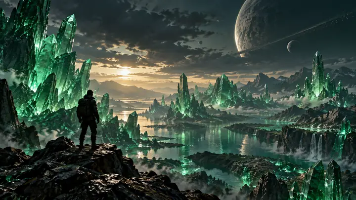 Weite filmische Landschaft mit durchscheinenden smaragdgrünen Kristallen unter einem dunklen, atmosphärischen Himmel