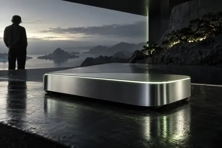 Minimalistisches silbernes futuristisches Gerät auf einer dunklen, spiegelnden Oberfläche mit blassgrünem Kantenlicht