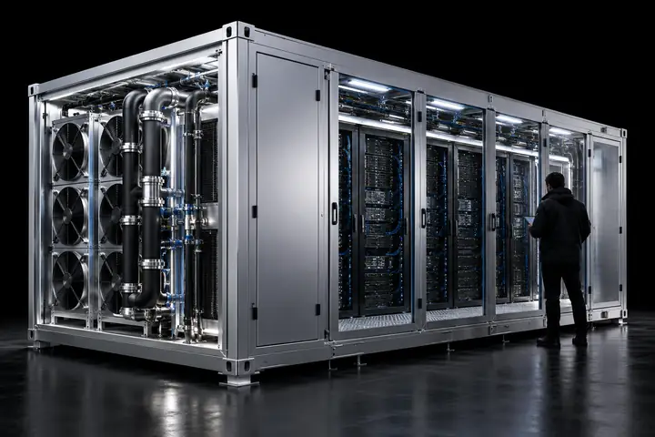 Ein kompaktes silbernes, modulares Rechenzentrumsmodul mit sichtbarer Präzisionskühltechnik, fotografiert vor einem tiefschwarzen Studiohintergrund