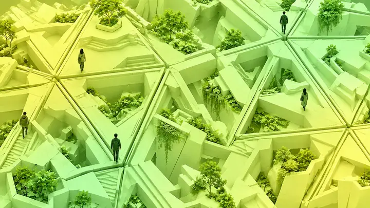 Kantige grüne modulare Strukturen, die in einer sanft beleuchteten architektonischen Komposition das Bild füllen